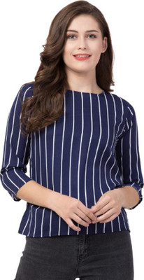 Roopwati Fashion Casual 3/4 Sleeve Striped Women Blue Top