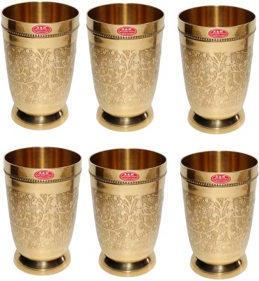 A&H (Pack of 6) Designer Floral Mughlai Etching Design Brass Water Glasses Set (250 ml Each) Set of 6 pcs Glass Set Water/Juice Glass(250 ml, Brass, Gold)