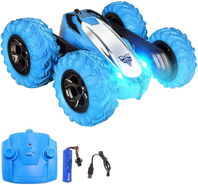 NIYAMAT Plastic Double Sided 360 Degree Remote Control Rechargeable Stunt Car Toy with Anti Skid Rubber Tyre with LED Lights for Kids(Blue)