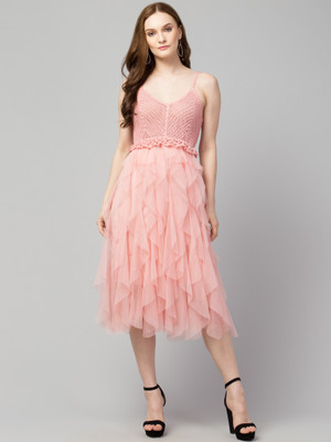 urban streetwear Women Fit and Flare Pink Midi/Calf Length Dress