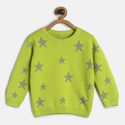 MINI KLUB Self Design Round Neck Casual Baby Girls Green, Grey Sweater