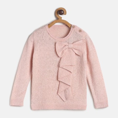 MINI KLUB Self Design Round Neck Casual Girls Pink Sweater