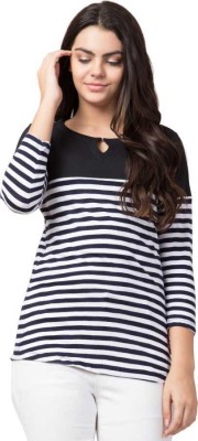 Leemarts Striped Women Key Hole Neck Black T-Shirt