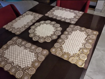 SHRI MAHAVIR IMPEX Rectangular Pack of 5 Table Placemat(Gold, Lace)