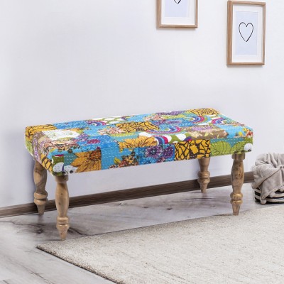 Ikiriya Hamilton Solid Wood Bench in Multicolour Kantha upholstery for Living Room| Bedroom| Dining Bench| 36x18x16 Inch Acacia 2 Seater(Finish Color - Teak Finish, DIY(Do-It-Yourself))