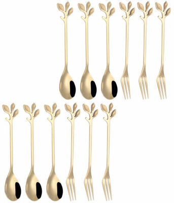 Litvibes Set of 12 stainless steel creative royal tableware Dessert spoon & fork for Coffee,Sugar,Mixing,Tea,Stirring,Cake & Ice cream,Stir bar Gold set - Set of 6 leaf spoons & 6 leaf forks Stainless Steel Cutlery Set(Pack of 12) Litvibes Set of 12 stainless steel creative royal tableware Dessert spoon & fork for Coffee,Sugar,Mixing,Tea,Stirring,Cake & Ice cream,Stir bar Gold set - Set of 6 leaf spoons & 6 leaf forks Stainless Steel Cutlery Set(Pack of 12)