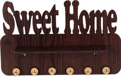AMTRENDS WOODEN KEY HOLDER SINGLE SLOTE RACK SHELF HOOK OF 6 Wood Key Holder(6 Hooks, Brown)