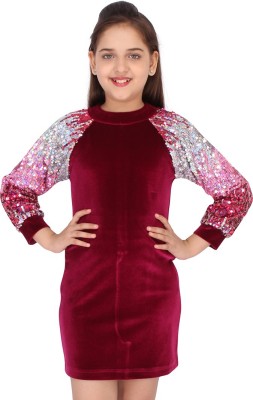 Cutecumber Girls Midi/Knee Length Party Dress(Maroon, 3/4 Sleeve)