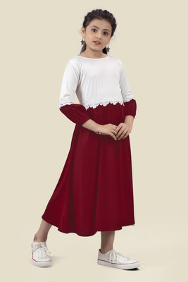 PROVOGUE Girls Below Knee Party Dress(Maroon, 3/4 Sleeve)