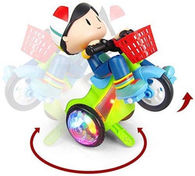Quasar 360 Degree Rotating Spot Stunt Tricycle Boy Motorcycle, Bump & Go Toy musicale,dancing and stunt bicycle battery operated. (Multicolor) Flash Light Kids Stunt Tricycle Girls Cartoon Musical Car baby boy and girls fun toy(Multicolor)