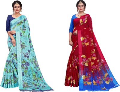 RUNAYA NX Printed Daily Wear Cotton Blend Saree(Pack of 2, Red, Blue)