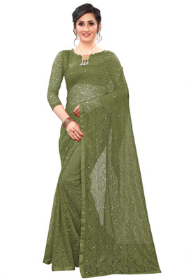 CARRYOX Embellished Bollywood Net, Brasso Saree(Green)
