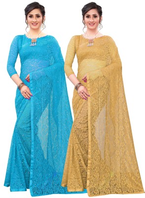 FIXTA Embellished Bollywood Brasso Saree(Pack of 2, Light Blue, Gold)