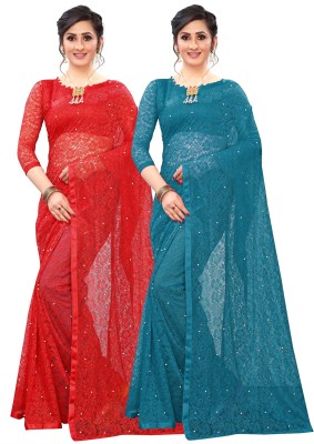 VIHAT ENTERPRISE Self Design Bollywood Net Saree(Pack of 2, Red, Green)