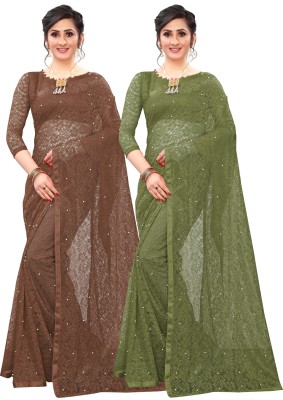 ELLAZY Self Design Bollywood Net Saree(Pack of 2, Green, Brown)