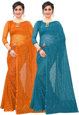 VIHAT ENTERPRISE Self Design Bollywood Net Saree(Pack of 2, Green, Orange)