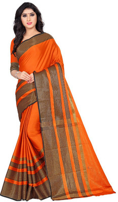 ROFOLO Solid/Plain Bollywood Cotton Silk Saree(Orange)