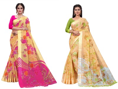 RUNAYA NX Printed Daily Wear Cotton Linen Saree(Pack of 2, Multicolor)