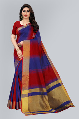 kirz web store Striped Bollywood Cotton Blend Saree(Maroon, Blue)