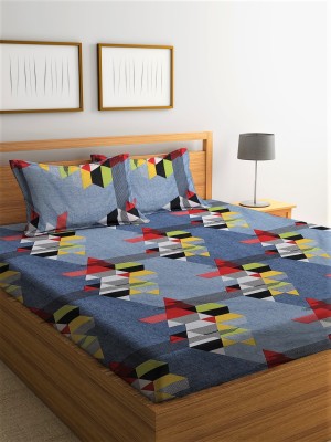 Fashion String 144 TC Microfiber Double Geometric Flat Bedsheet(Pack of 1, Blue)