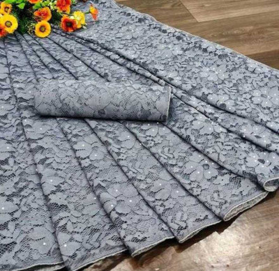 DHARMEE Self Design Bollywood Net, Brasso Saree(Grey)