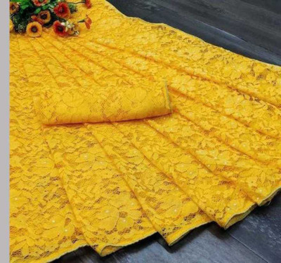 DHARMEE Embellished Bollywood Net, Brasso Saree(Yellow)