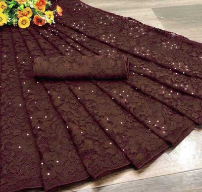 DHARMEE Embroidered Bollywood Net, Brasso Saree(Brown)