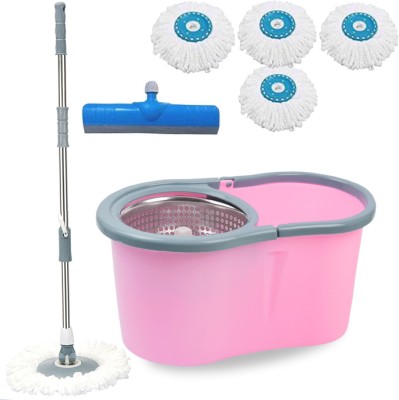V-MOP Premium Pink Steel Magic Dry Bucket Mop - 360 Degree Self Spin Wringing With 4 Super Absorbers + FREE 1 Floor Wiper for Home & Office Floor (( 6 Months Warranty on Rod Set)) Mop Set