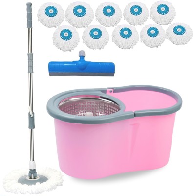 V-MOP Premium Pink Steel Magic Dry Bucket Mop - 360 Degree Self Spin Wringing With 10 Super Absorbers + FREE 1 Floor Wiper for Home & Office Floor (( 6 Months Warranty on Rod Set)) Mop Set