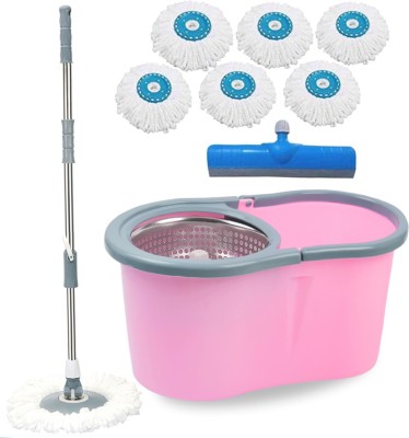 V-MOP Premium Pink Steel Classic Magic Spin Dry Bucket Mop - 360 Degree Self Spin Wringing With 6 Super Absorbers + FREE 1 Floor Wiper, Mop Set, Mop, Cleaning Wipe, Bucket, Dustbin, Mop Wet & Dry Mop(Multicolor)