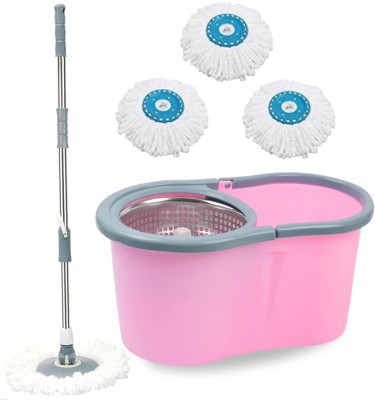 V-MOP Premium Pink Steel Classic Magic Spin Dry Bucket Mop - 360 Degree Self Spin Wringing With 3 Super Absorbers Mop Set, Mop, Cleaning Wipe, Bucket, Dustbin, Mop Wet & Dry Mop(Multicolor)