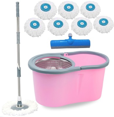 V-MOP Premium Pink Steel Classic Magic Spin Dry Bucket Mop - 360 Degree Self Spin Wringing With 7 Super Absorbers + FREE 1 Floor Wiper, Mop Set, Mop, Cleaning Wipe, Bucket, Dustbin, Mop Wet & Dry Mop(Multicolor)