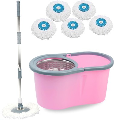 V-MOP Premium Pink Steel Classic Magic Spin Dry Bucket Mop - 360 Degree Self Spin Wringing With 5 Super Absorbers Mop Set, Mop, Cleaning Wipe, Bucket, Dustbin, Mop Wet & Dry Mop(Multicolor)
