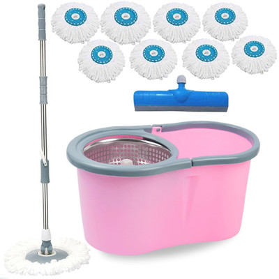 V-MOP Premium Pink Steel Magic Dry Bucket Mop - 360 Degree Self Spin Wringing With 8 Super Absorbers + FREE 1 Floor Wiper for Home & Office Floor (( 6 Months Warranty on Rod Set)) Mop Set