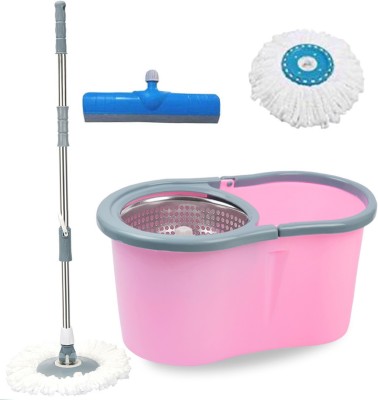 V-MOP Premium Pink Steel Classic Magic Spin Dry Bucket Mop - 360 Degree Self Spin Wringing With 1 Super Absorbers + FREE 1 Floor Wiper, Mop Set, Mop, Cleaning Wipe, Bucket, Dustbin, Mop Wet & Dry Mop(Multicolor)