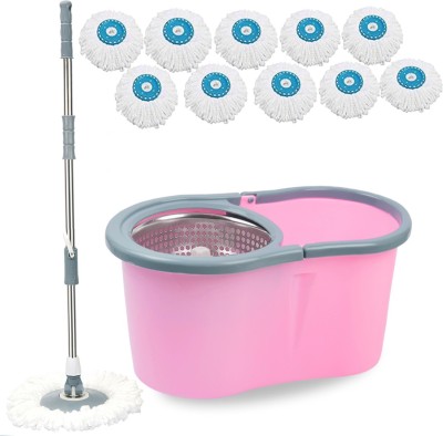 V-MOP Premium Pink Steel Classic Magic Spin Dry Bucket Mop - 360 Degree Self Spin Wringing With 10 Super Absorbers Mop Set, Mop, Cleaning Wipe, Bucket, Dustbin, Mop Wet & Dry Mop(Multicolor)