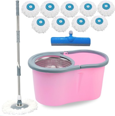 V-MOP Premium Pink Steel Magic Dry Bucket Mop - 360 Degree Self Spin Wringing With 9 Super Absorbers + FREE 1 Floor Wiper for Home & Office Floor (( 6 Months Warranty on Rod Set)) Mop Set
