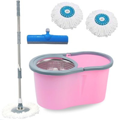 V-MOP Premium Pink Steel Classic Magic Spin Dry Bucket Mop - 360 Degree Self Spin Wringing With 2 Super Absorbers + FREE 1 Floor Wiper, Mop Set, Mop, Cleaning Wipe, Bucket, Dustbin, Mop Wet & Dry Mop(Multicolor)