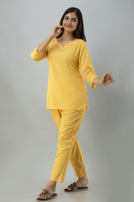 Abiri Women Printed Yellow Top & Pyjama Set