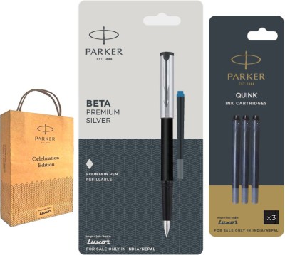 PARKER Beta Premium Silver Fountain Pen with Black Quink Ink Cartridges and Gift Bag. Fountain Pen(Blue, Black)