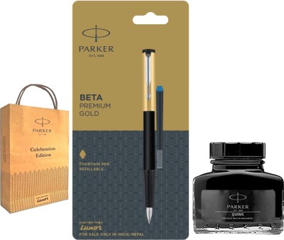 PARKER Beta Premium Gold Fountain Pen with Black Quink Ink Bottle and Gift Bag Fountain Pen(Blue, Black)