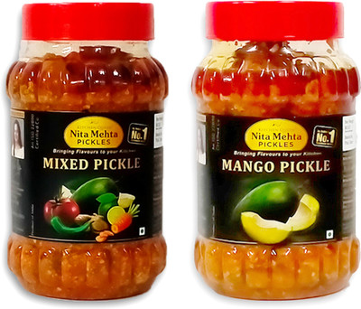 KITCHEN QUEEN NITA MEHTA Combination Of Mango Pickle and Mixed Pickle | Made with Pure and Organic Mixed Vegetables, Fruits and Oil Mango, Mixed Pickle(2 x 400 g)