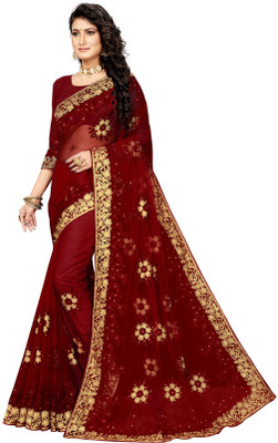 manvaa Embroidered Bollywood Net Saree(Maroon)