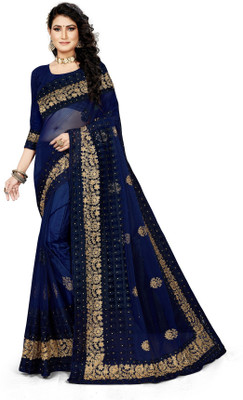 manvaa Embroidered Bollywood Net Saree(Dark Blue)