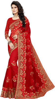 manvaa Embroidered Bollywood Net Saree(Red)