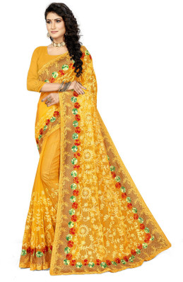 manvaa Embroidered Bollywood Net Saree(Yellow)