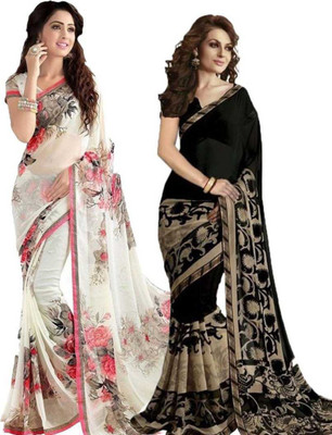 yashika Floral Print Daily Wear Georgette Saree(Pack of 2, Black, White)