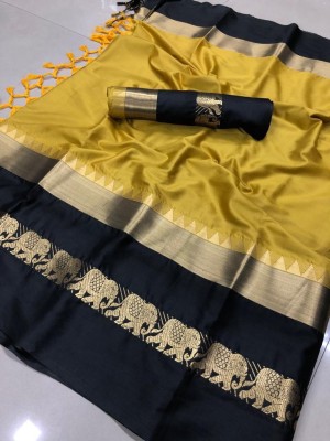 Kothari Trend Woven Banarasi Handloom Cotton Silk Saree(Black, Yellow)