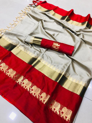 SAAGPAN Solid/Plain Banarasi Cotton Silk Saree(Maroon, Grey)