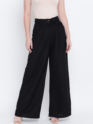 OXOLLOXO Women Regular Fit Cotton Flared Solid Party Black Pant Flared Women Black Trousers